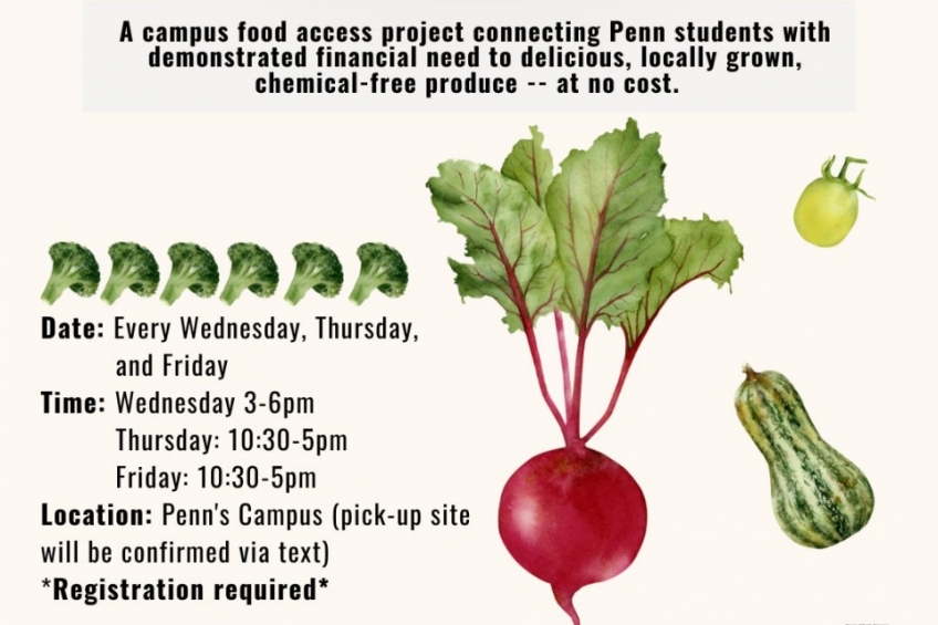 Good Food Bag: A campus food access project connecting Penn students with demonstrated financial need to delicious, locally grown, chemical-free produce at no cost. Date: Every Wednesday, Thursday, and Friday. Time: Wednesday 3-6pm, Thursday: 10:30-5pm, Friday: 10:30-5pm. Location: Penn's Campus (pick-up site will be confirmed via text). Registration required.