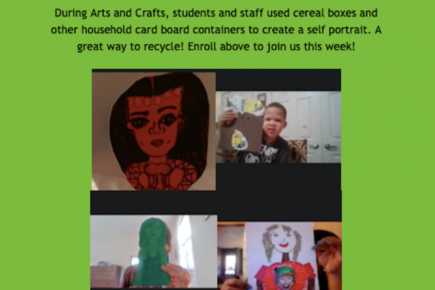 During Arts and Crafts, students and staff used cereal boxes and other household cardboard containers to create a self portrait. A great way to recycle! Enroll above to join us this week!